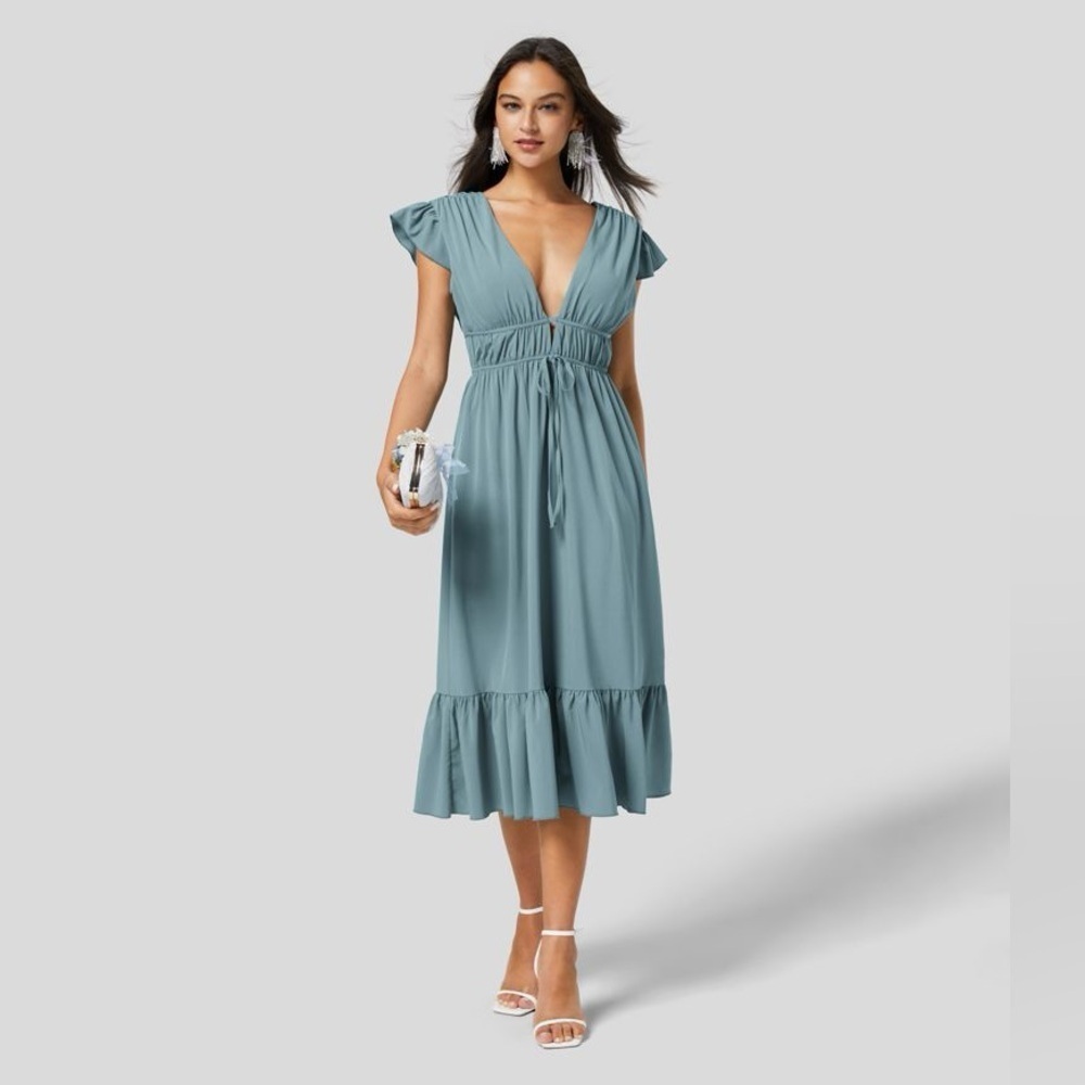 Halara Breezeful™ Deep V-Neck Butterfly Sleeve Midi Dress Stone Blue Size XS - Picture 3 of 10